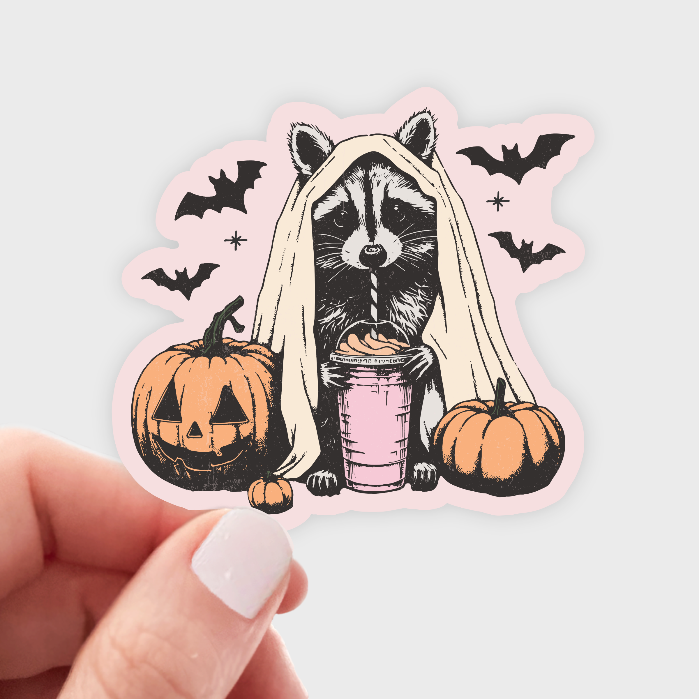 Fall Vibing Raccoon Sticker - pumpkin spice, halloween, bats