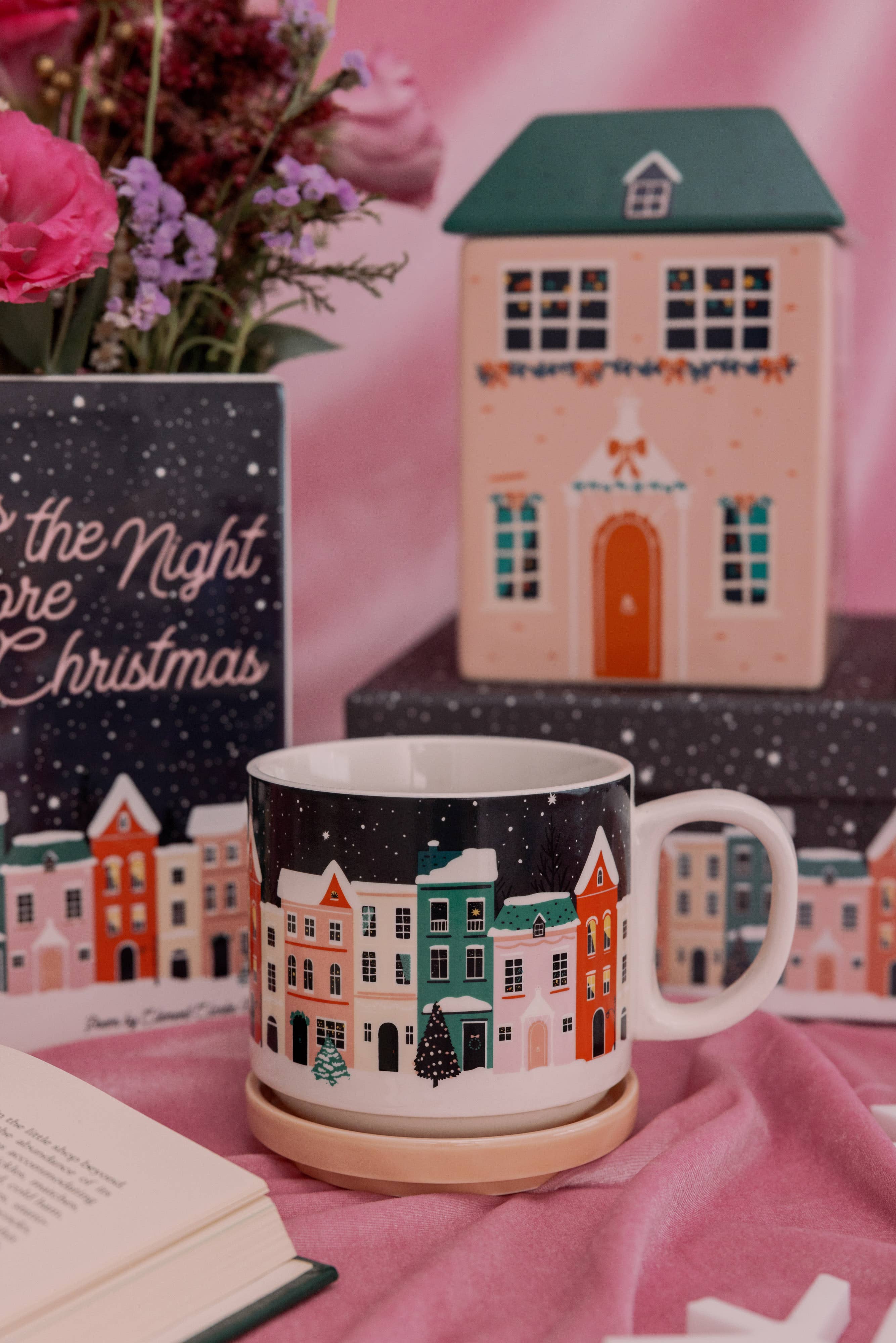 Ceramic Mug with Coaster Lid, Holiday Village